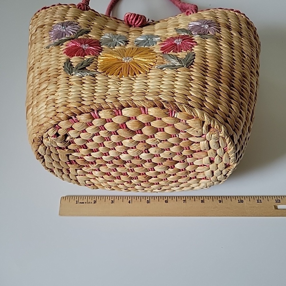 Vintage Handmade Floral Embroidered Straw Tote‎ Bag Beach Mod Resort Retro - Picture 12 of 16